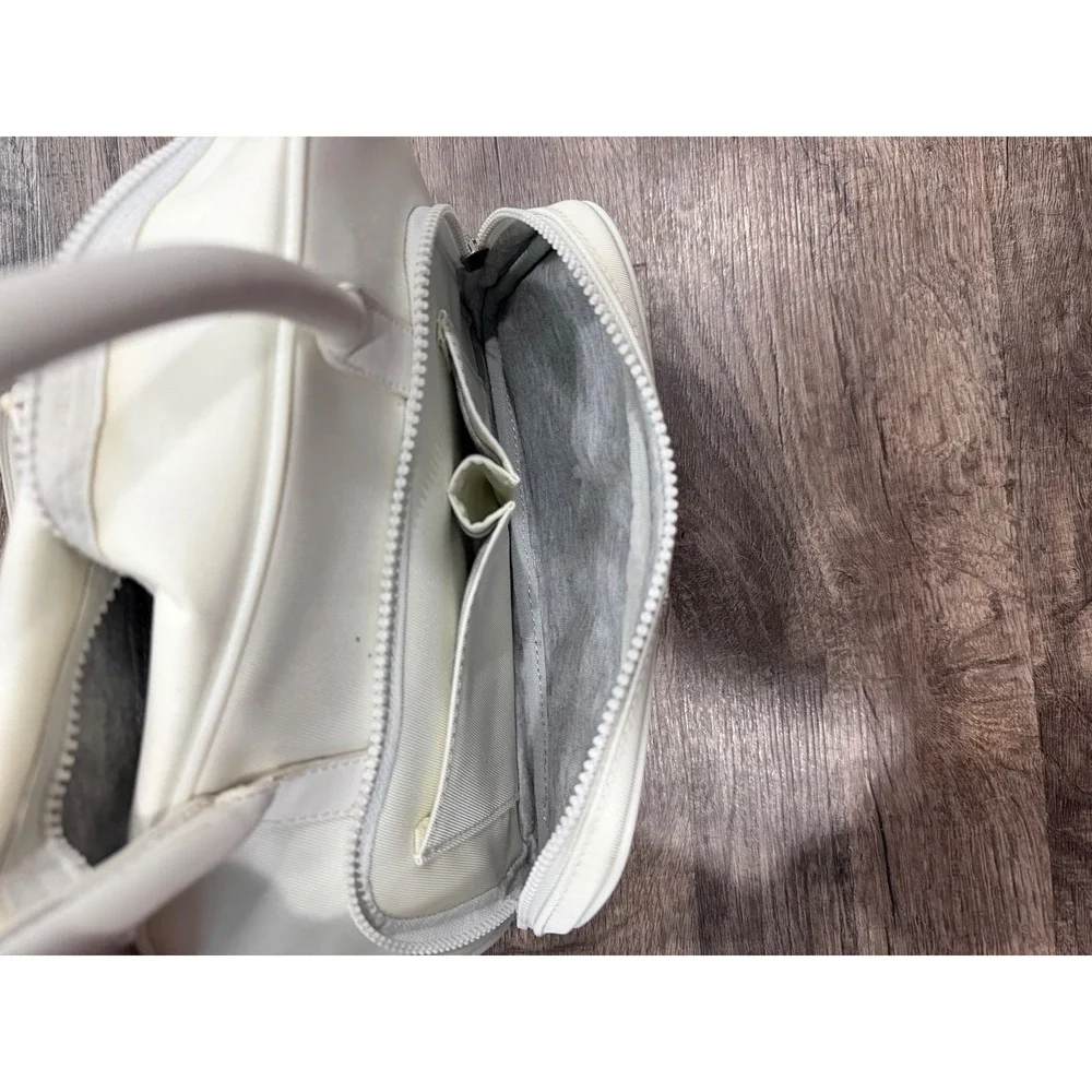 Lacoste White Canvas Vintage Bowling Bag Striped Sporty Satchel Top Handle Purse